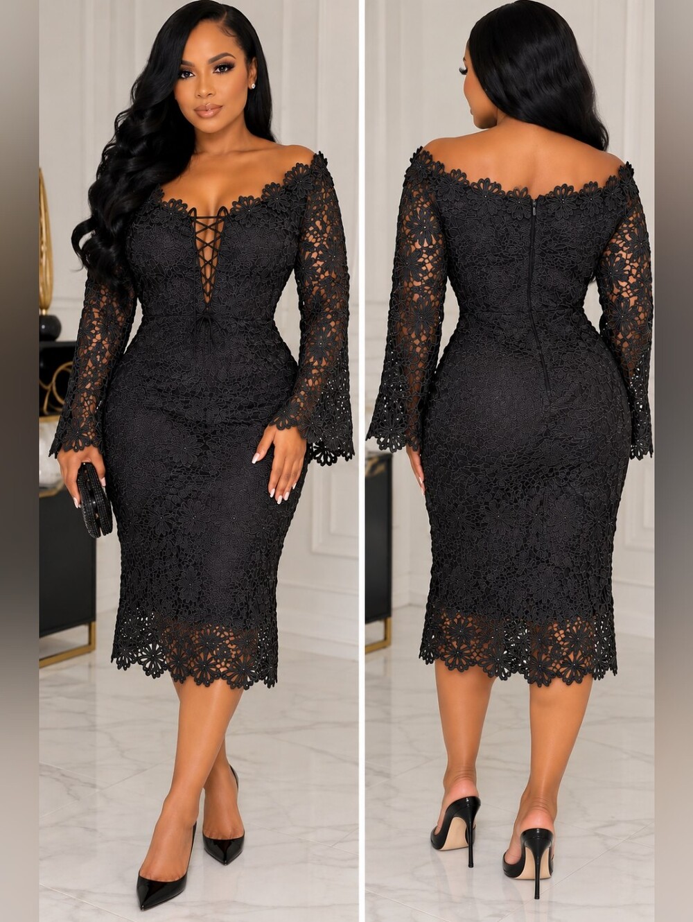 Boston Proper Black Lace Off-Shoulder Midi Dress